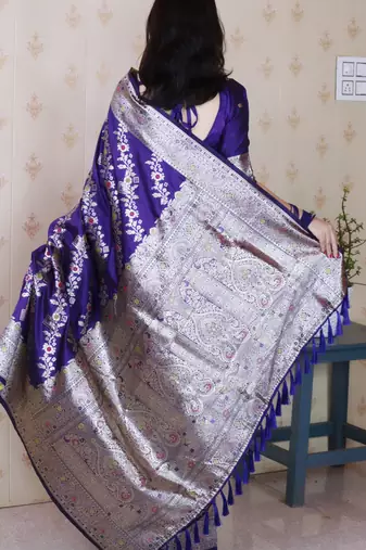 Violet woven self design pure silk banarasi saree with blouse