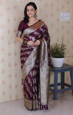 Wine woven self design silk blend banarasi saree with blouse 1
