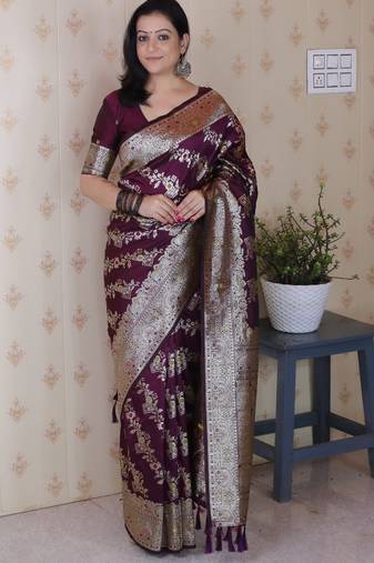Wine woven self design pure silk banarasi saree with blouse