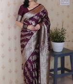 Wine woven self design pure silk banarasi saree with blouse