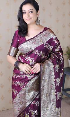 Wine woven self design silk blend banarasi saree with blouse 2