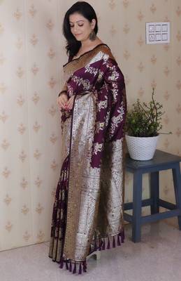 Wine woven self design silk blend banarasi saree with blouse 3