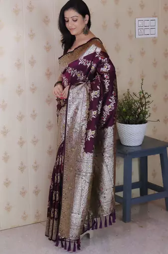 Wine woven self design pure silk banarasi saree with blouse