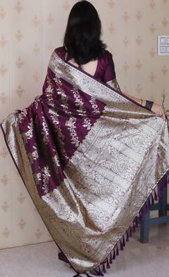 Wine woven self design silk blend banarasi saree with blouse 4