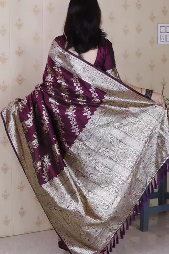 Wine woven self design pure silk banarasi saree with blouse