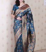 Blue woven self design pure silk banarasi saree with blouse