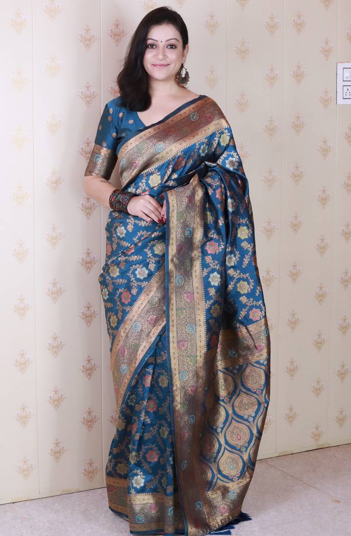 Blue woven self design pure silk banarasi saree with blouse