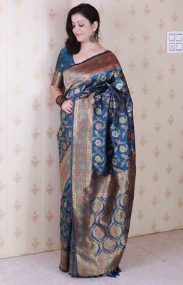 Blue woven self design silk blend banarasi saree with blouse 3