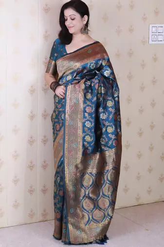 Blue woven self design pure silk banarasi saree with blouse