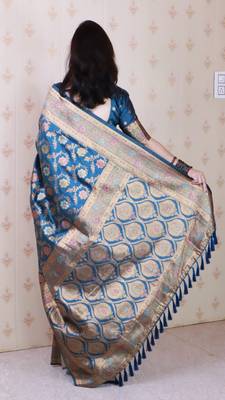 Blue woven self design silk blend banarasi saree with blouse 4