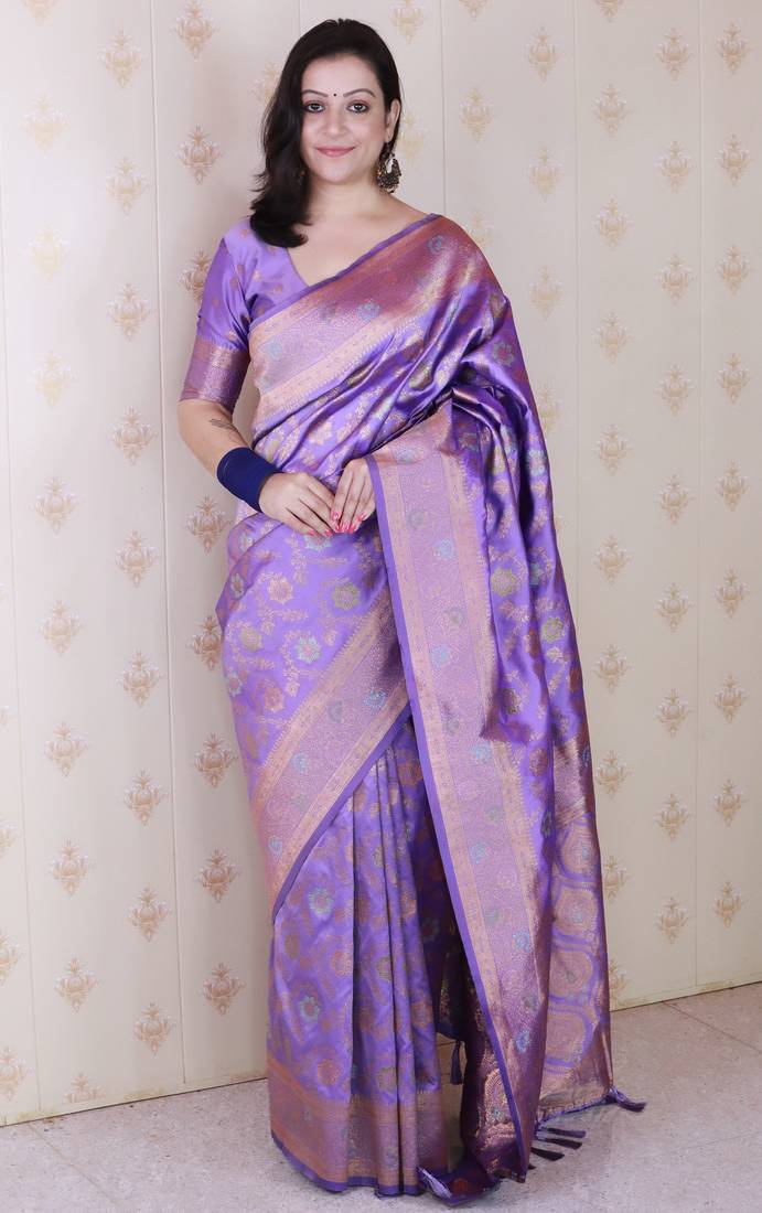 Lavender woven self design pure silk banarasi saree with blouse