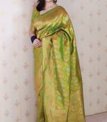 Mehendi woven self design pure silk banarasi saree with blouse