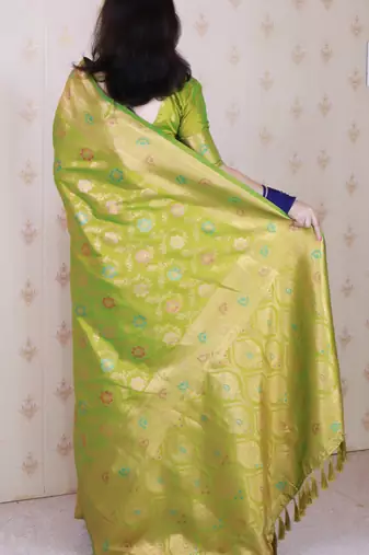 Mehendi woven self design pure silk banarasi saree with blouse