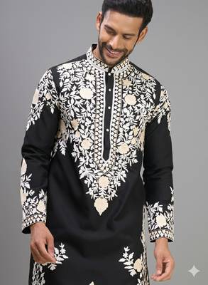 black silk kurta pant set with embroidered work 4