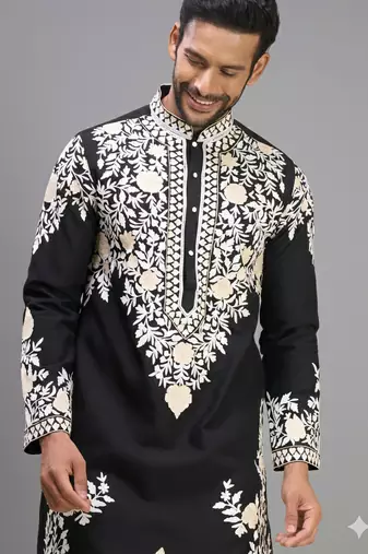 black silk kurta pant set with embroidered work