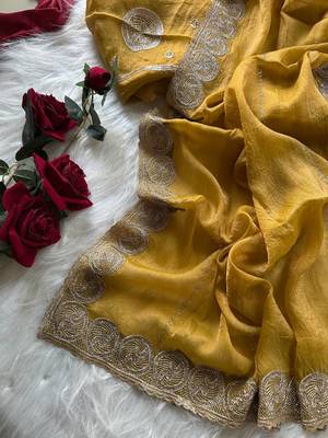Mustard Color  embroidery work chiffon saree  1