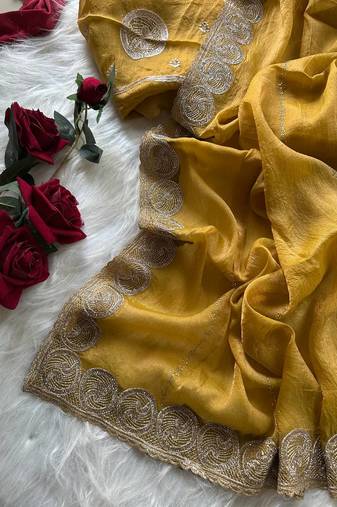 Mustard Color  embroidery work chiffon saree 