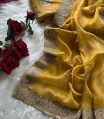 Mustard Color  embroidery work chiffon saree 