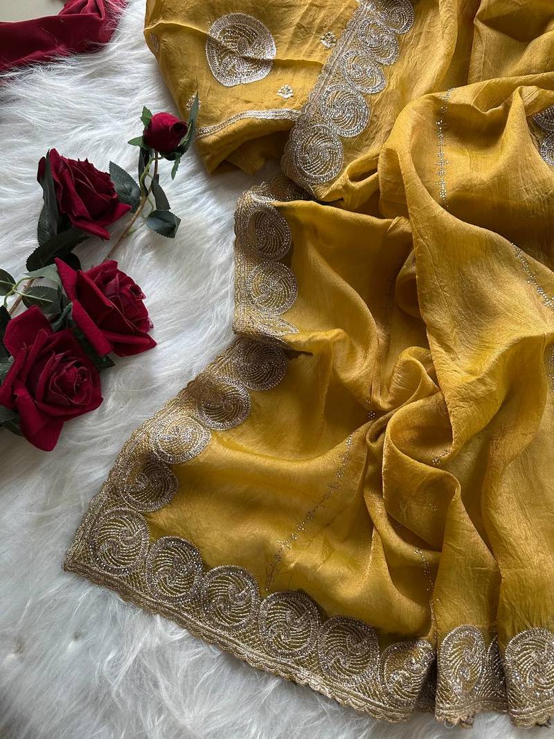 Mustard Color  embroidery work chiffon saree 