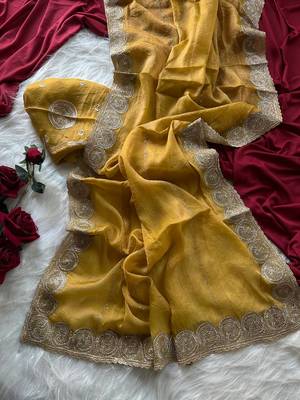Mustard Color  embroidery work chiffon saree  2