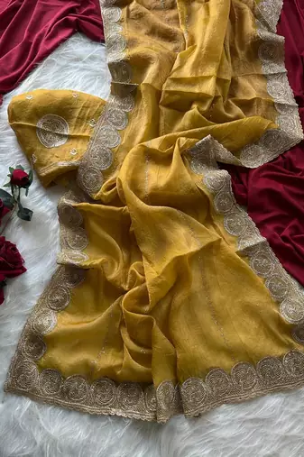 Mustard Color  embroidery work chiffon saree 
