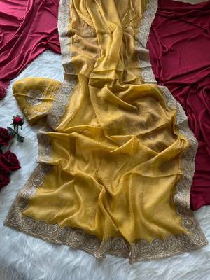 Mustard Color  embroidery work chiffon saree  3