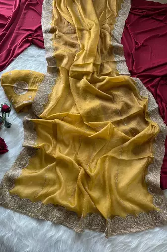 Mustard Color  embroidery work chiffon saree 