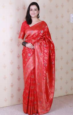 Pink woven self design silk blend banarasi saree with blouse 1