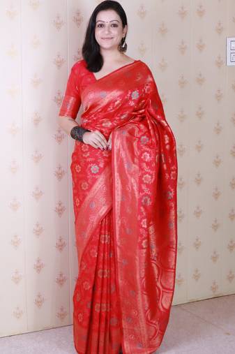 Pink woven self design pure silk banarasi saree with blouse