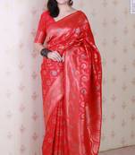 Pink woven self design pure silk banarasi saree with blouse