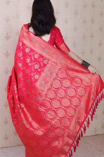Pink woven self design pure silk banarasi saree with blouse