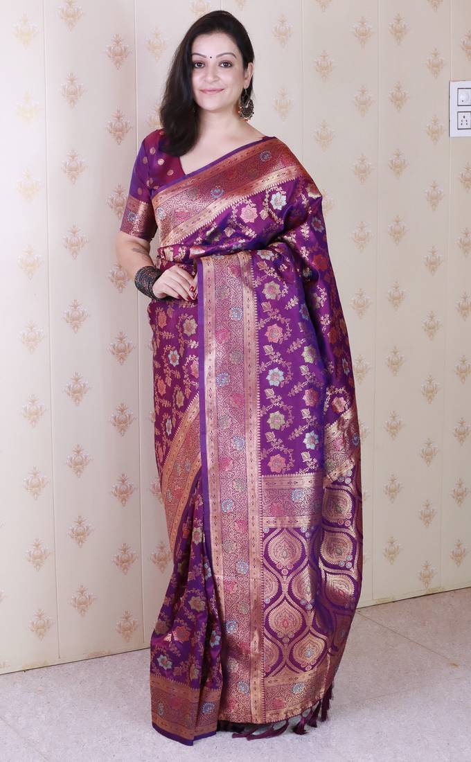 Purple woven self design pure silk banarasi saree with blouse
