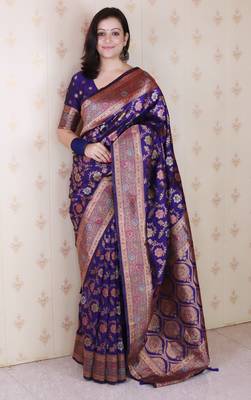 Violet woven self design silk blend banarasi saree with blouse 1
