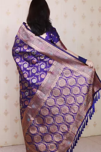 Violet woven self design pure silk banarasi saree with blouse