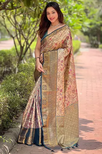 Navy blue woven self design embellished pure silk saree with blouse