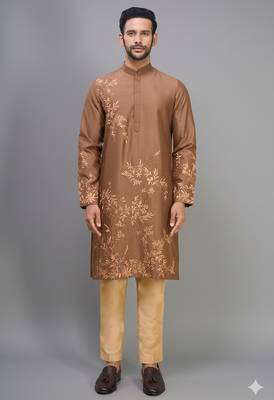 coffee silk kurta pant set with embroidered work 1
