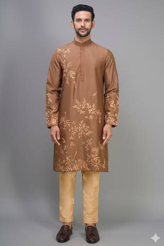 coffee silk kurta pant set with embroidered work