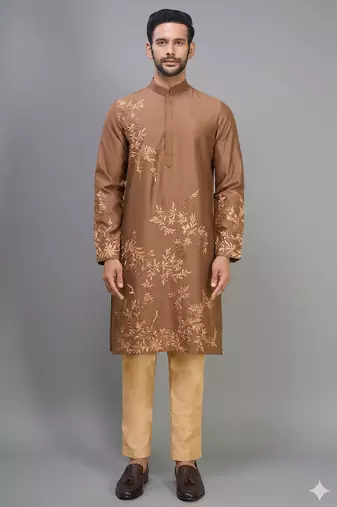 coffee silk kurta pant set with embroidered work