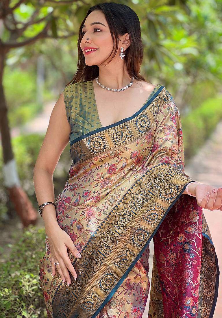 Navy blue woven self design embellished pure silk saree with blouse