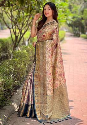 Navy blue woven self design embellished silk blend saree with blouse 3