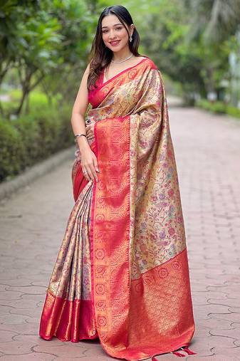 Pink woven self design embellished pure silk saree with blouse