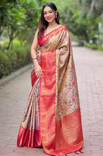 Pink woven self design embellished pure silk saree with blouse