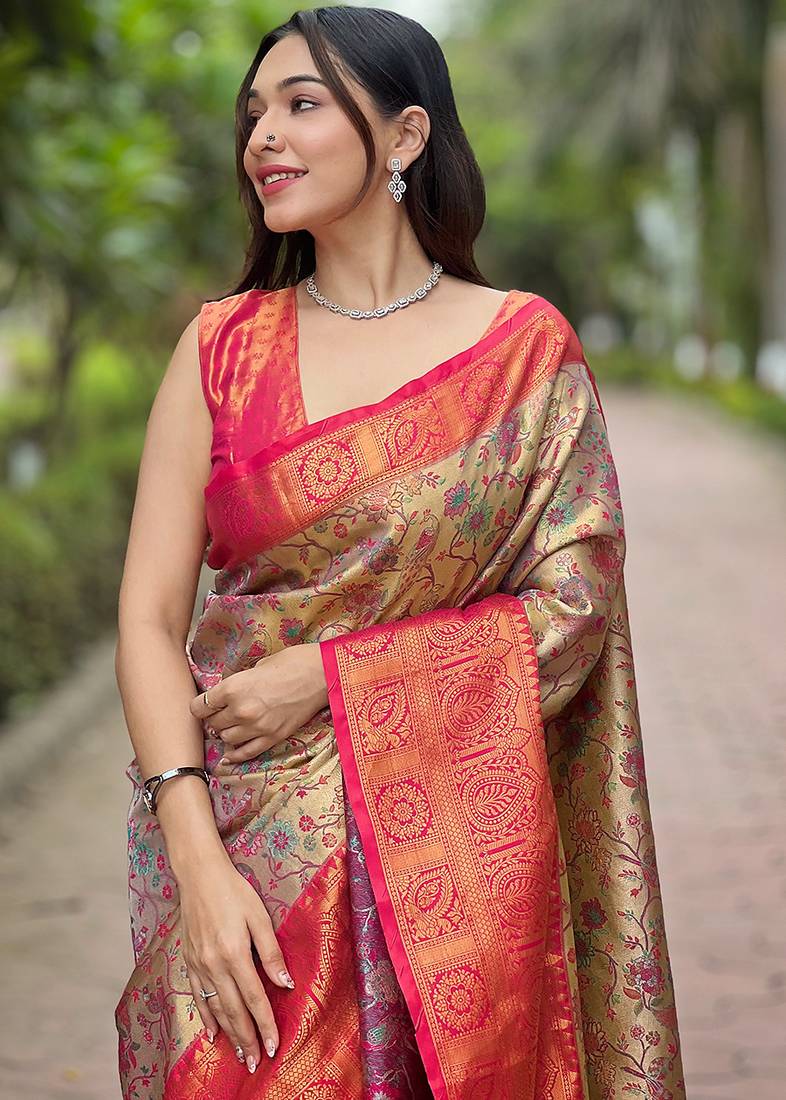 Pink woven self design embellished pure silk saree with blouse