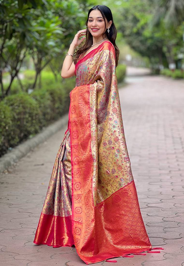 Pink woven self design embellished pure silk saree with blouse