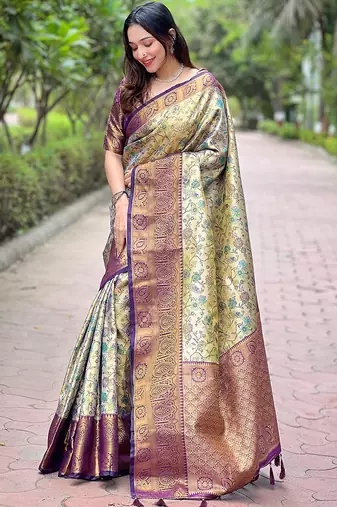 Purple woven self design embellished pure silk saree with blouse