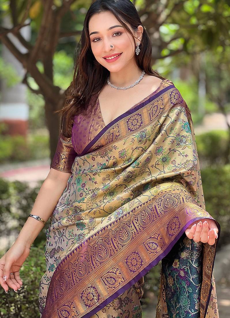 Purple woven self design embellished pure silk saree with blouse