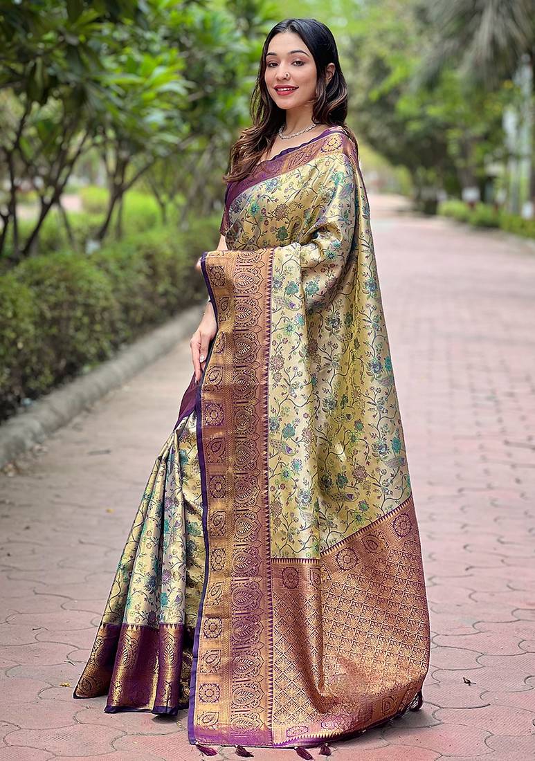 Purple woven self design embellished pure silk saree with blouse