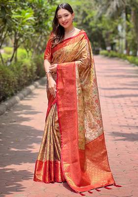 Red woven self design embellished silk blend saree with blouse 1