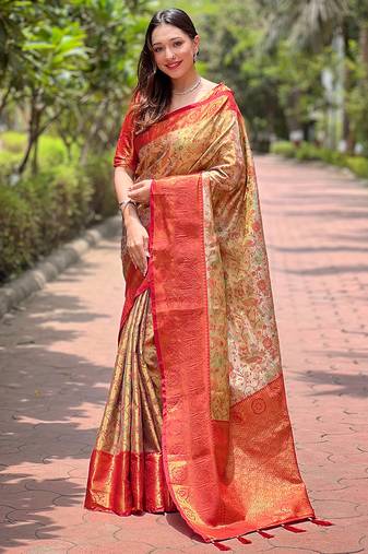 Red woven self design embellished pure silk saree with blouse