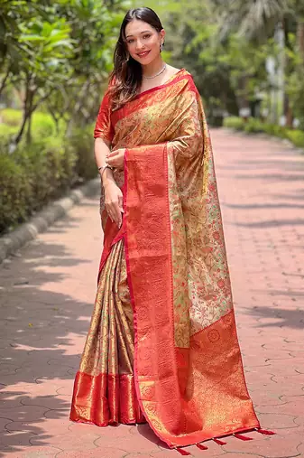 Red woven self design embellished pure silk saree with blouse